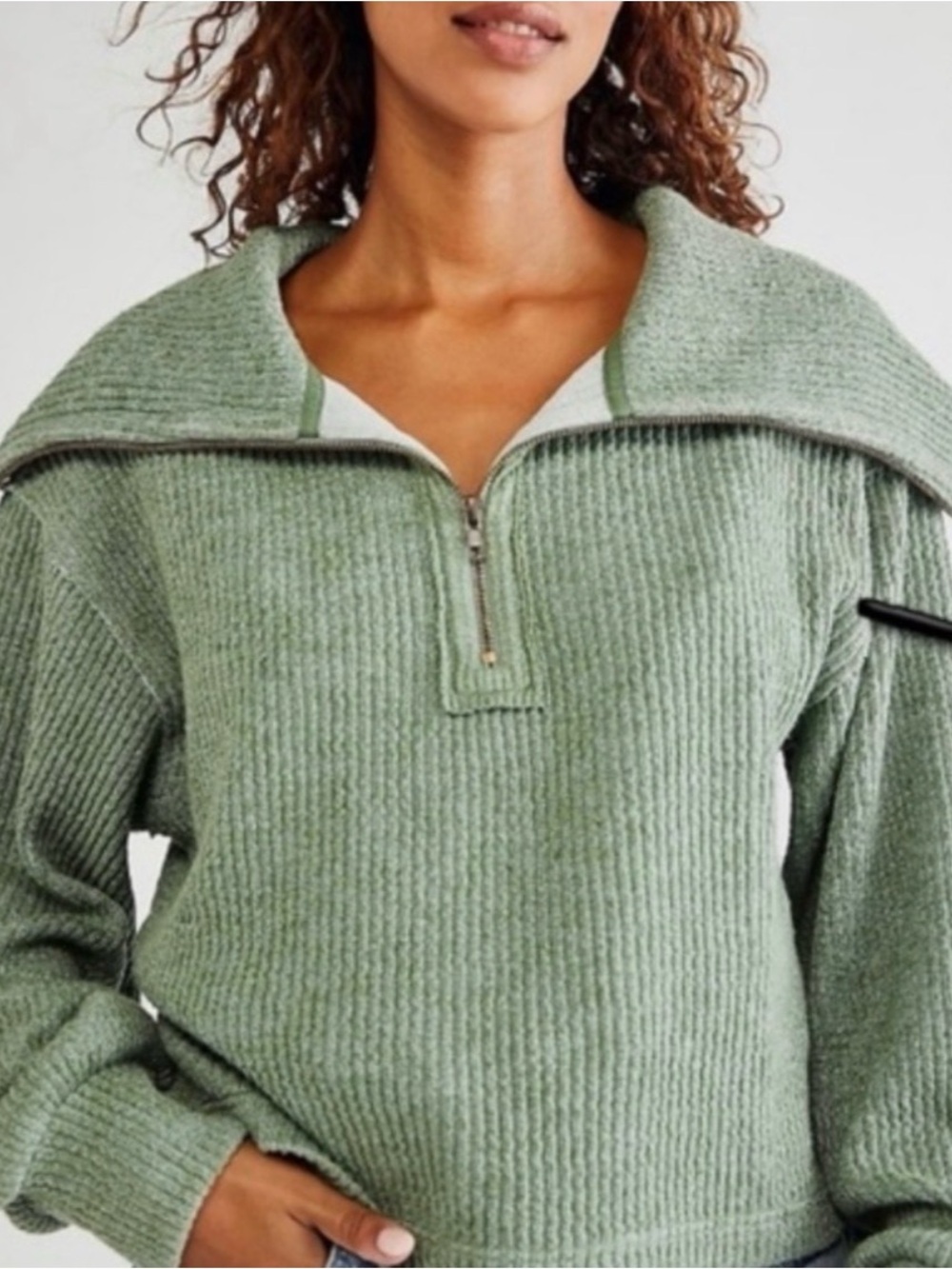 We The Free by Free People Dean Sweater Sage Green Half-Zip Cropped Slouchy Fit - Picture 2 of 7